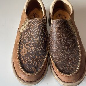 Tony Lama Tan and Brown Floral Loafers